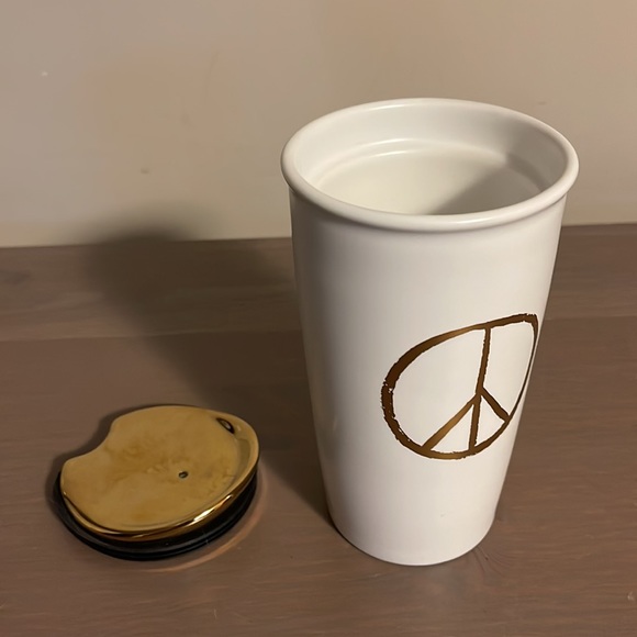 Starbucks White and Gold Peace Sign Ceramic Travel Mug - Picture 9 of 11